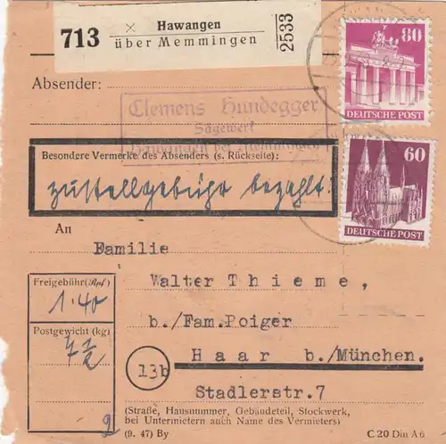 BiZone Paketkarte 1948: Hawangen über Memmingen nach Haar