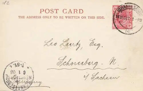 Afrique du Sud 1907: post card Johannesburg to Schneeberg