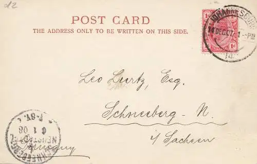 South Africa 1907: post card Johannesburg to Schneeberg