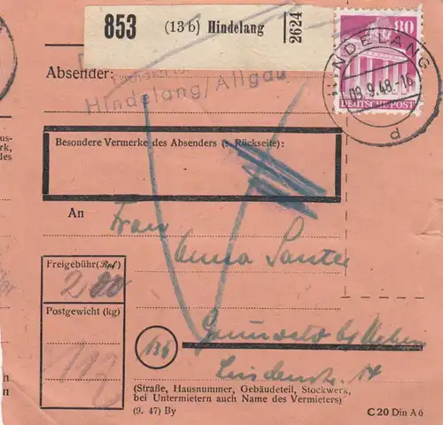 BiZone Paketkarte 1948: Hindelang nach Grünwald