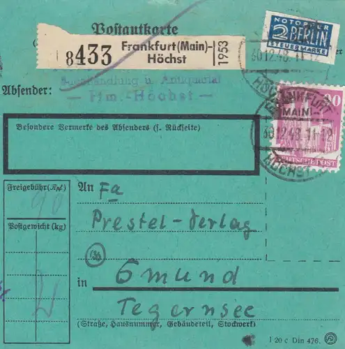Carte de colis 1948: Carte postale de Francfort-Haut vers Gmund, formulaire rare