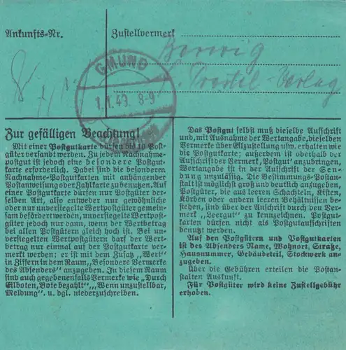 Paketkarte 1948: Postgutkarte von Frankfurt-Höchst nach Gmund, seltenes Formular