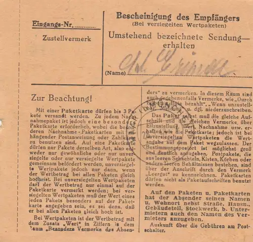 Carte de paquet BiZone 1948: Ehrenberg Pfaffenhofen après Haar