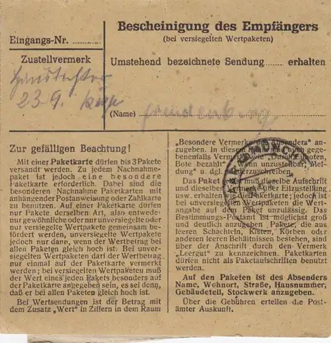 BiZone Paketkarte 1948: Backnang nach Haar, Nachgebühr