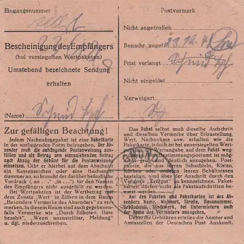 BiZone Paketkarte 1948: Königsdorf nach Moosrain, Musiker, Nachnahme, Notopfer