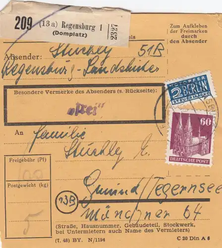BiZone Paketkarte 1948: Regensburg Domplatz nach Gmund Tegernsee, Notopfer