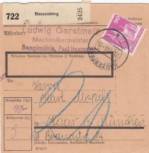 BiZone Paketkarte 1948: Danglmühle Hauzenberg nach Haar, Nachgebühr