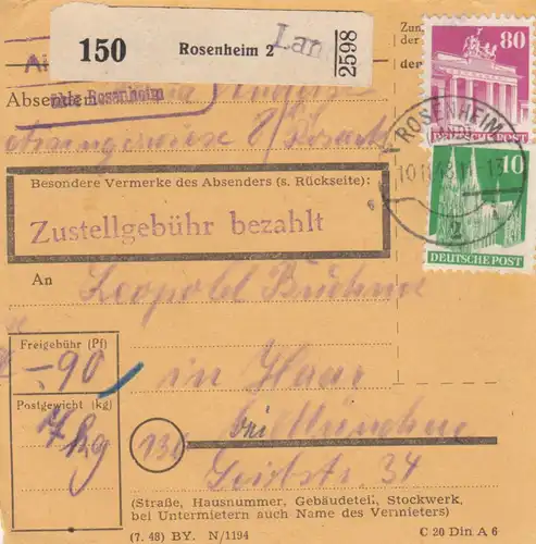 Carte de paquet BiZone 1948: Aisingerwiese Rosenheim après Haar à Munich