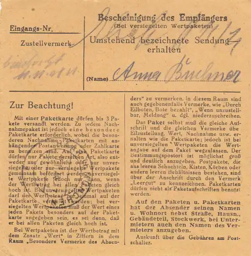 BiZone Paketkarte 1948: Aisingerwiese Rosenheim nach Haar in München