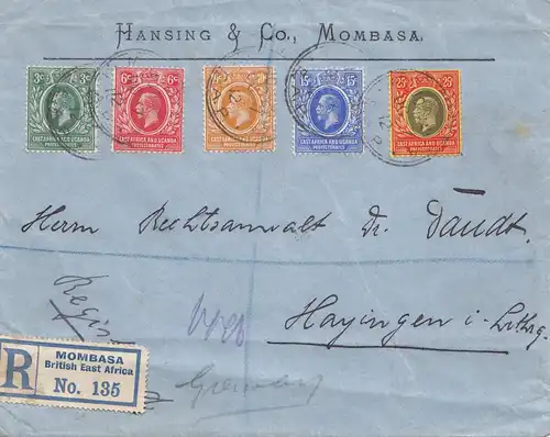 Kenya 1912: registered Mombasa to Hayingen/Lorraine