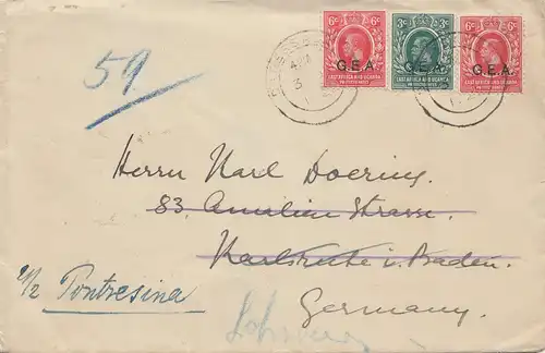 Ouganda 1922: Daressalam to Karlsruhe/Germany forwarded Pontresina/Switzerland