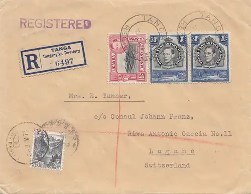 Kenya 1938: registered Tanga to Lugano/Switzerland
