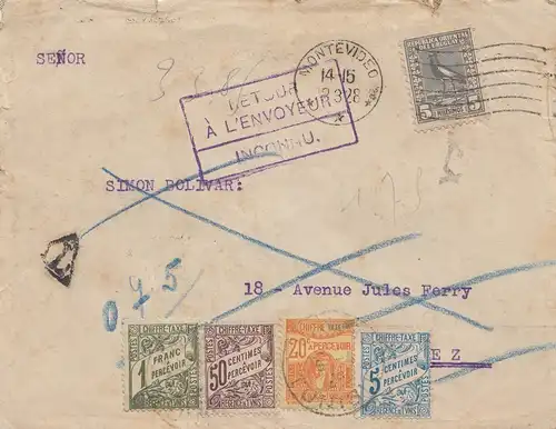 Uruguay 1928: letter Montevideo - Turez - retour