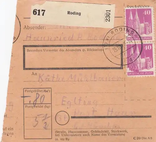 BiZone Paketkarte 1948: Roding Haunried nach Eglfing