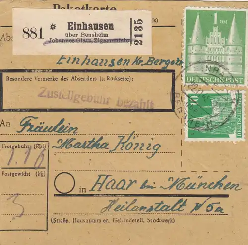 BiZone Paketkarte 1948: Einhausen über Benzheim nach Haar, Selbstbucher