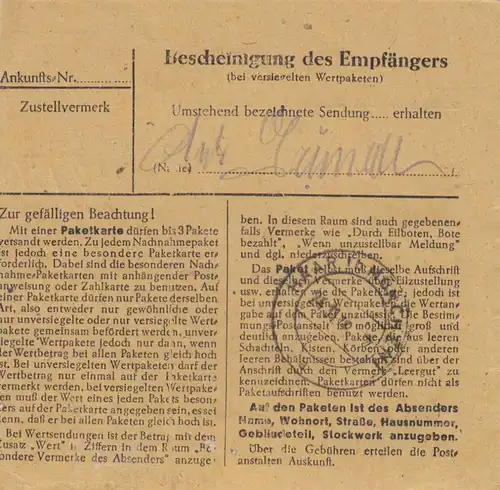 BiZone Paketkarte 1948: Einhausen über Benzheim nach Haar, Selbstbucher