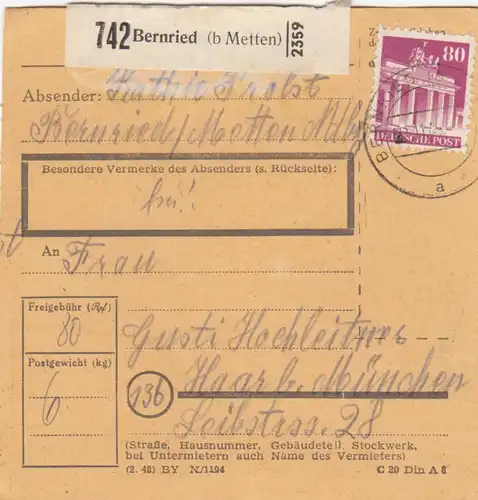 BiZone Paketkarte 1948: Bernried bei Metten nach Haar b. München
