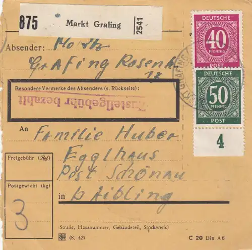 Carte de paquet 1948: Markt Grafing a Egglhaus Post Schönau