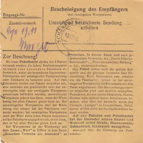 Carte de paquet 1948: Markt Grafing a Egglhaus Post Schönau