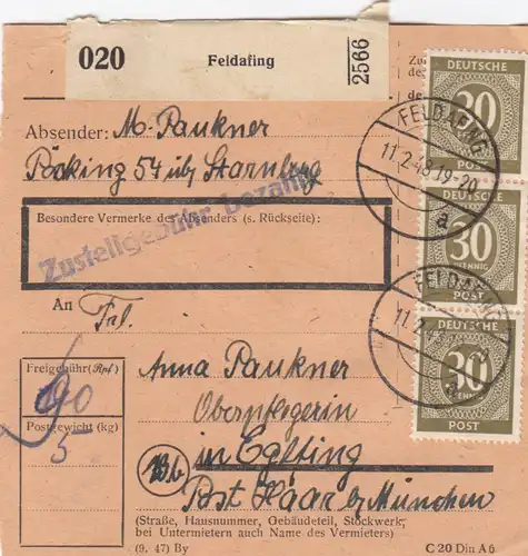 Paketkarte 1948: Feldafing Pöcking nach Eglfing, Oberpflegerin