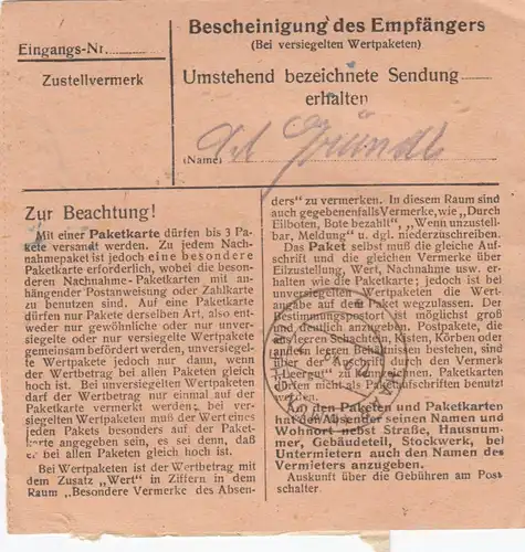 Paketkarte 1948: Feldafing Pöcking nach Eglfing, Oberpflegerin
