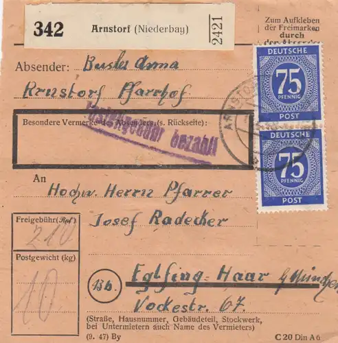 Paketkarte 1948: Arnstorf Pfarrhof nach Eglfing