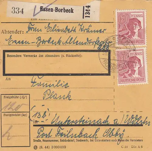 Paketkarte 1947: Essen-Borbeck nach Untersteinach, Post Feilnbach