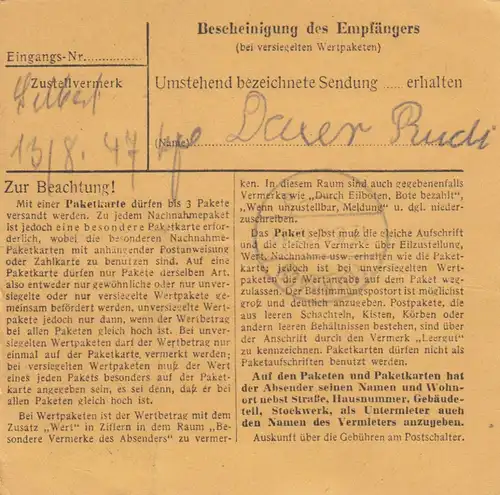 Carte de paquet 1947: Essen-Borbeck vers Untersteinach, Post Feilnbach