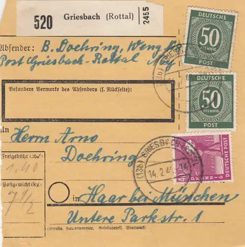 Paketkarte 1948: Griesbach Rottal nach Haar