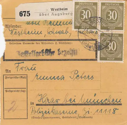 Carte de paquet 1948: Westheim üb. Augsbourg n. Haar, Caserne de police, Zi. 11118