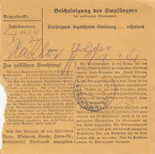 Paketkarte 1948: Westheim üb. Augsburg n. Haar, Polizeikaserne, Zi. 11118