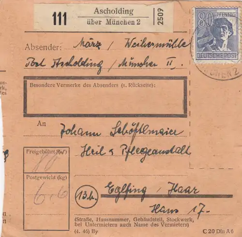 Paketkarte: Weihermühle Ascholding nach Haar, Heilanstalt
