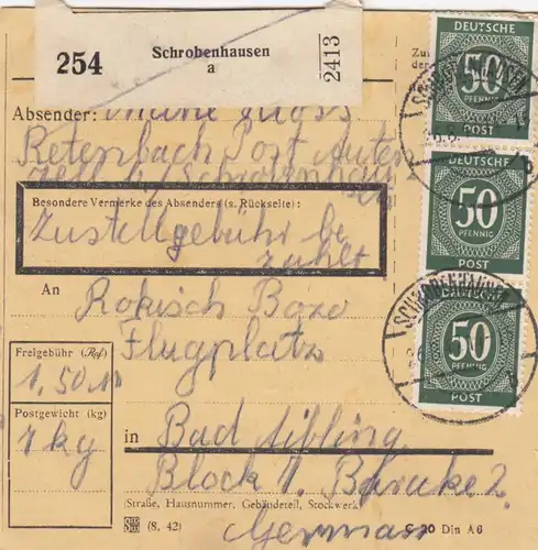 Paketkarte 1947: Rettenbach Autenzell nach Bad Aibling, Flugplatz