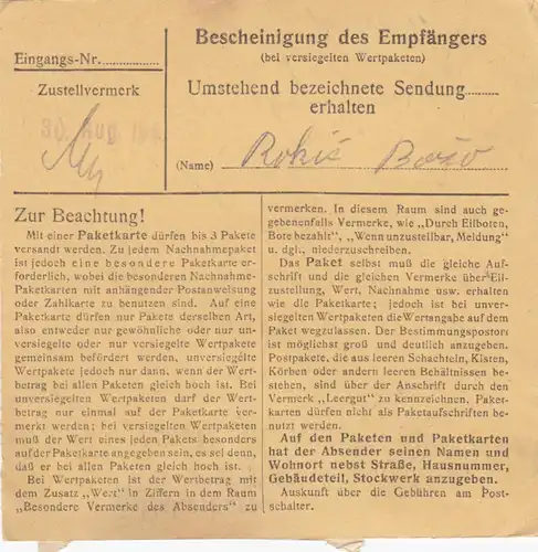 Paketkarte 1947: Rettenbach Autenzell nach Bad Aibling, Flugplatz