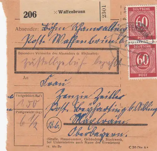 Paketkarte 1947: Waffenbrunn nach Hagenbrunn, Aibling