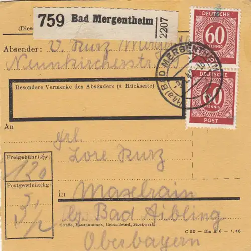 Carte de paquet 1947: Bad Mergentheim d'après b. Bad Aibling