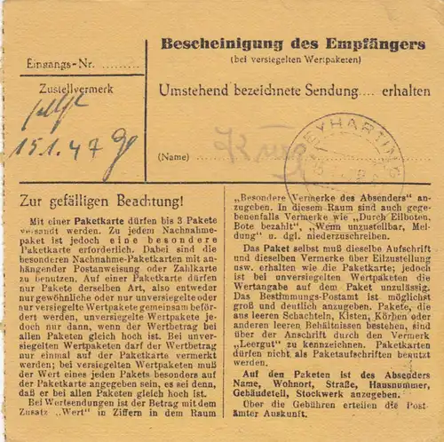 Carte de paquet 1947: Bad Mergentheim d'après b. Bad Aibling