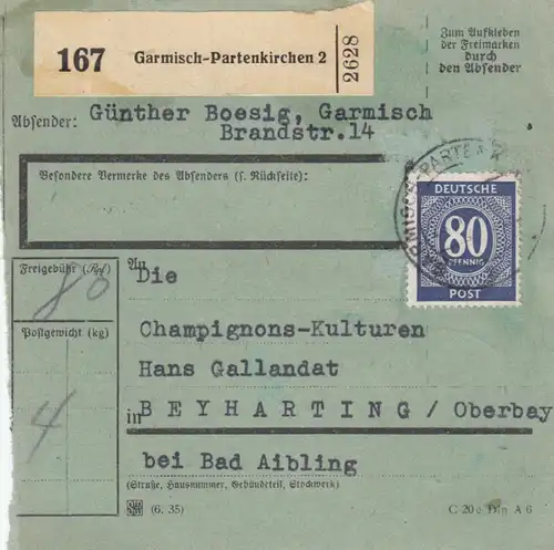 Paketkarte 1947: Garmisch-Patenkirchen nach Beyharting, bes. Formualr