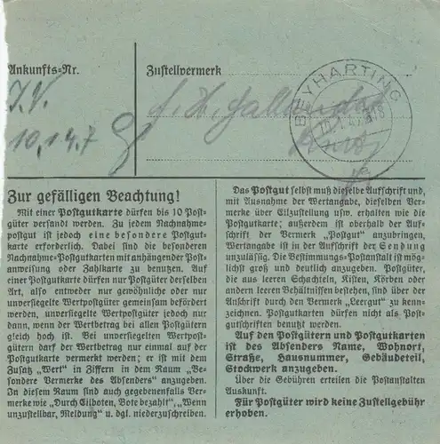 Carte de paquet 1947: Garmisch-Patenkirchen vers Beyharting, bes. Formualr