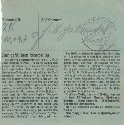 Paketkarte 1947: Garmisch-Patenkirchen nach Beyharting, bes. Formualr