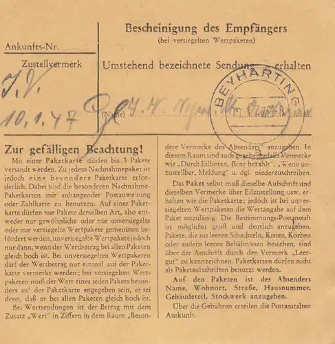 Paketkarte 1947: München nach Schloß Maxlrain b. Aibling
