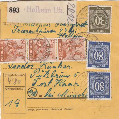 Carte de paquet 1948: Friesenhausen Hofheim a Putzbrunn, Haar