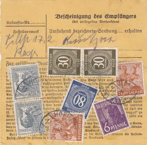 Carte de paquet 1948: Friesenhausen Hofheim a Putzbrunn, Haar