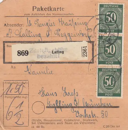Carte de paquet 1948: Laling a Eglfing bei Munich