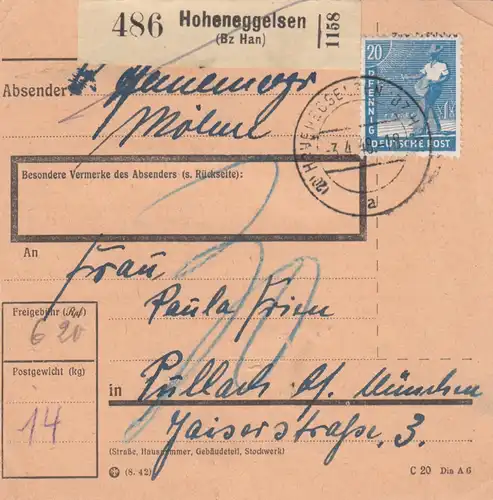 Paketkarte 1948: Hoheneggeisen nach Pullach, Nachgebühr
