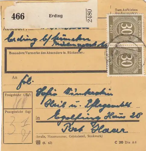 Carte de paquet 1948: Erding vers Eglfing, établissement de soins infirmiers