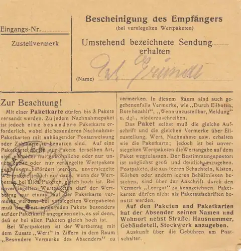 Carte de paquet 1948: Erding vers Eglfing, établissement de soins infirmiers