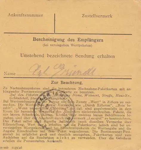 Paketkarte 1948: Redenfelden Raubling nach Eglfing, Selbstbucher