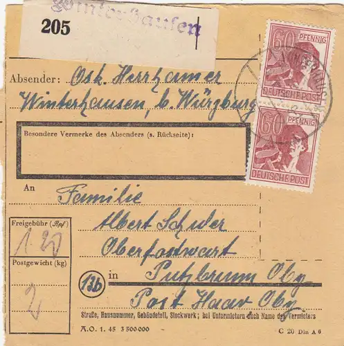 Paketkarte 1948: Winterhausen nach Oberpfarramt Putzbrunn