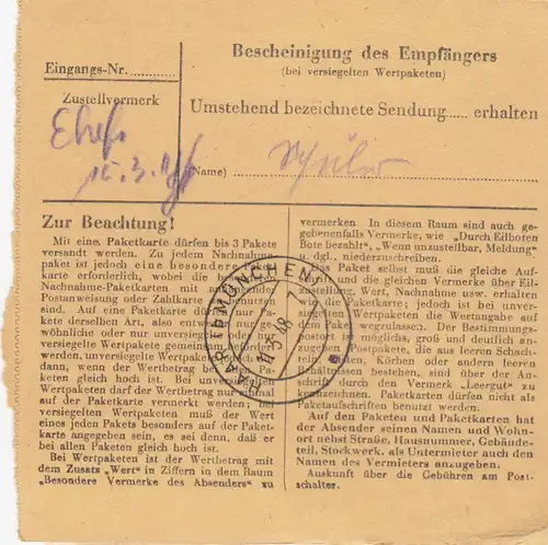 Paketkarte 1948: Winterhausen nach Oberpfarramt Putzbrunn